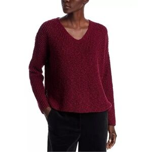 Eileen Fisher Wool Camel Sweater Pullover V Neck Waffle Knit Dolman Maroon Large